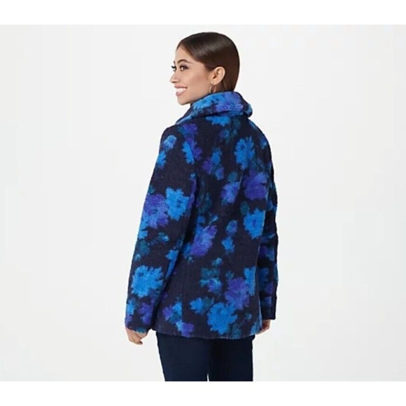 Isaac Mizrahi Live! Floral Printed Faux Fur Shearling Coat Navy QVC Size M - Picture 3 of 16
